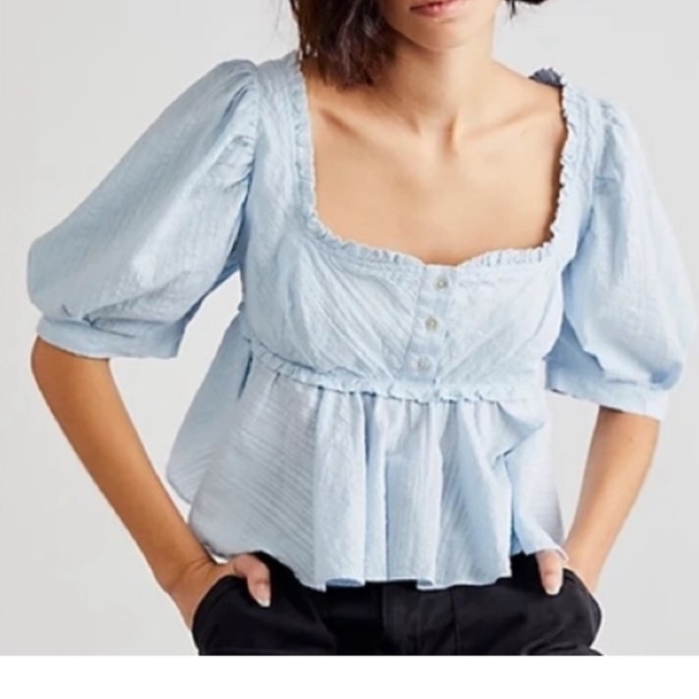 Free People Blue Leave It To Me Ruffled Peplum Babydoll Cropped Top Size L NWOT
